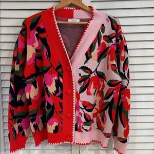 Avara Women's Vibrant Floral button cardigan - Red and Pink green textured
